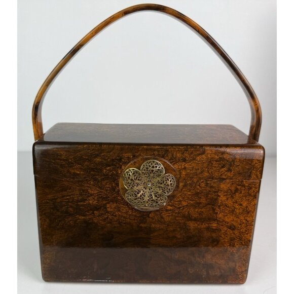 Wilardy Wood Grained Lucite Purse Handbag Vtg Authentic Handle Flower Clasp 50s - Picture 1 of 16